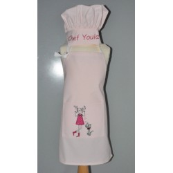 Ensemble Tablier de cuisine petite fille brodée avec toque enfant  personnalisé brodé rose