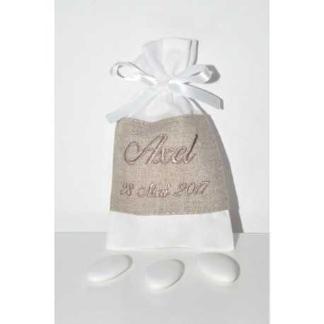 Ballotin pochon sachet de dragées en lin personnalisée brodée pour baptême,mariage,communion
