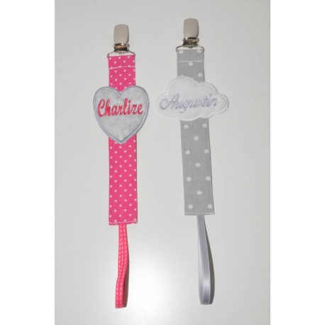 lot 2 attaches tétine/sucette coeur/nuage personnalisées brodées grise/rose