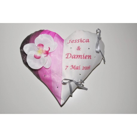 Porte-alliances coussin de mariage coeur personnalisé brodé strass avec orchidée blanche/rose