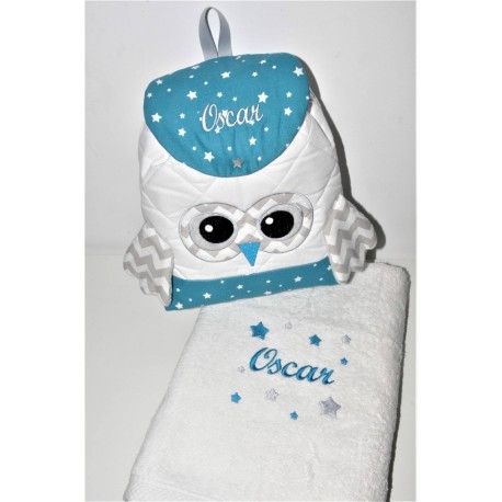 Box cadeau: drap de bain avec sac à  dos chouette personnalisées brodée pour naissance,anniversaire,noel