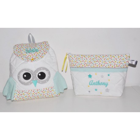 Box cadeau ensemble naissance:Trousse de toilette enfant brodés personnalisée avec sac à  dos chouette