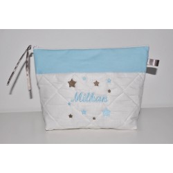 Trousse de toilette enfant ou adulte ou bébé ou ado étoiles bleu ciel/taupe personnalisée brodée