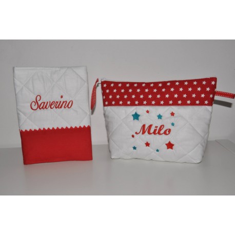 Box cadeau naissance: protège-carnet de santé avec trousse de toilette étoiles turquoise/gris personnalisé brodé au nom