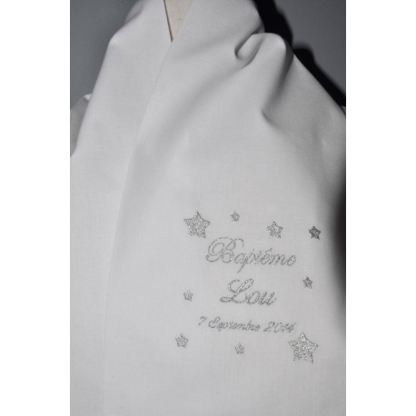 Sur commande:écharpe de baptême bébé étoiles personnalisée brodée argenté garà§on ou fille