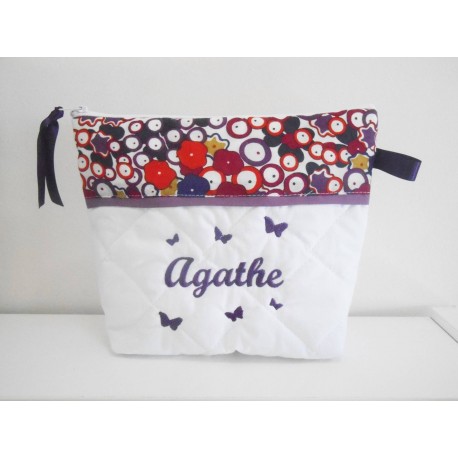 Trousse de toilette prune/violet papillons brodés personnalisée brodée