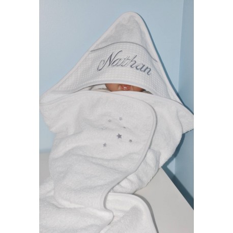 prénom cape de bain / sortie de bain bébé grise personnalisée avec étoiles et prénom brodés