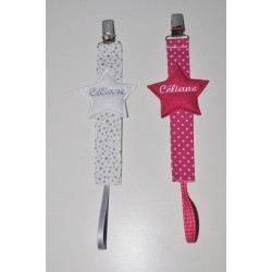 lot 2 attaches tétine/sucette personnalisées brodées étoiles gris/fuchsia