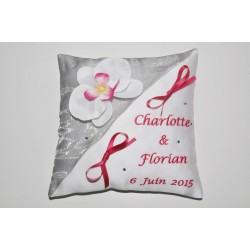 Porte-alliances coussin de mariage personnalisé brodé strass avec orchidée blanche/rose