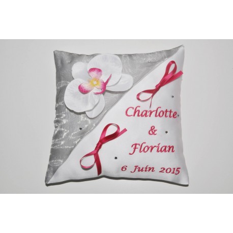 Porte-alliances coussin de mariage personnalisé brodé strass avec orchidée blanche/rose