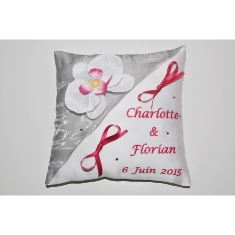 Porte-alliances coussin de mariage personnalisé brodé strass avec orchidée blanche/rose