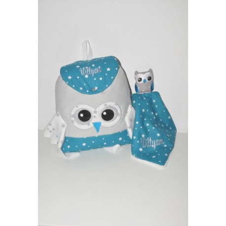 Box cadeau:sac à  dos et doudou chouette personnalisées brodés pour naissance,anniversaire,noel