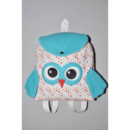 Sac a dos chouette pois turquoise enfant personnalisé brodé pour doudou crèche maternelle balade école sport