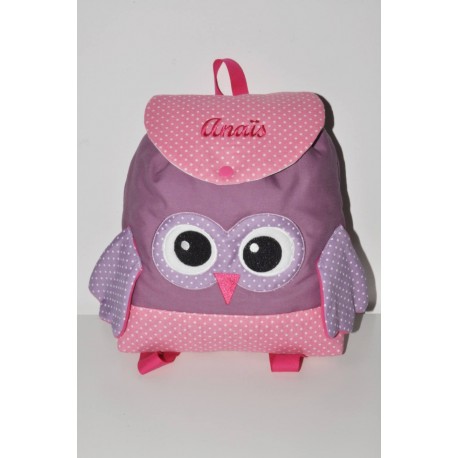 Sac a dos chouette rose/mauve enfant personnalisé brodé pour crèche maternelle balade école sport danse maternelle