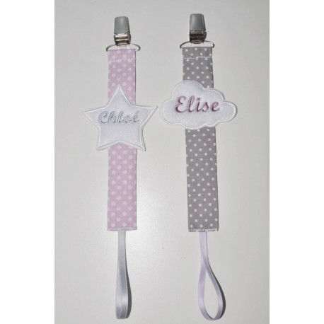 lot 2 attaches tétine/sucette personnalisées brodées étoile/nuage mauve gris