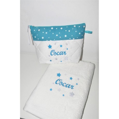 Box cadeau:Drap de douche70x140  avec trousse de toilette personnalisées brodée pour lui,pour elle naissance,anniversaire,noel