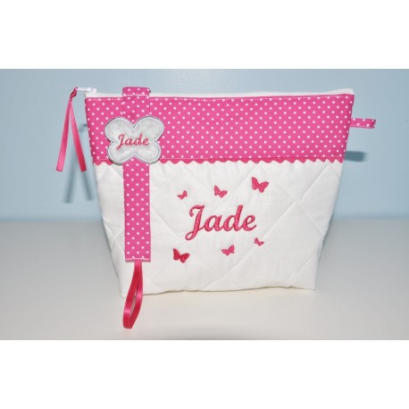 Box cadeau:Trousse de toilette avec attache-tétine/sucette papillon rose enfant ou bébé personnalisée brodée