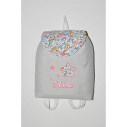 Sac a dos enfant papillons liberty Betsy Porceleine rose/gris personnalisé brodé au prenom