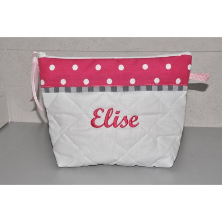 Trousse de toilette enfant ou adulte pois rose/gr personnalisée brodée