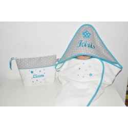 Box cadeau naissance:sortie/cape de bain avec trousse de toilette assortie personnalisées brodées au prénom de bébé coffret